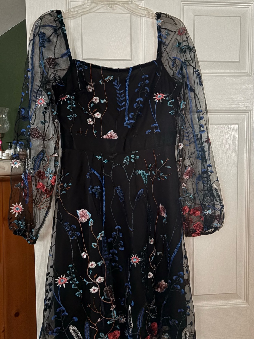 Black Floral Embroidered Mesh Midi Dress with Puff Sleeves